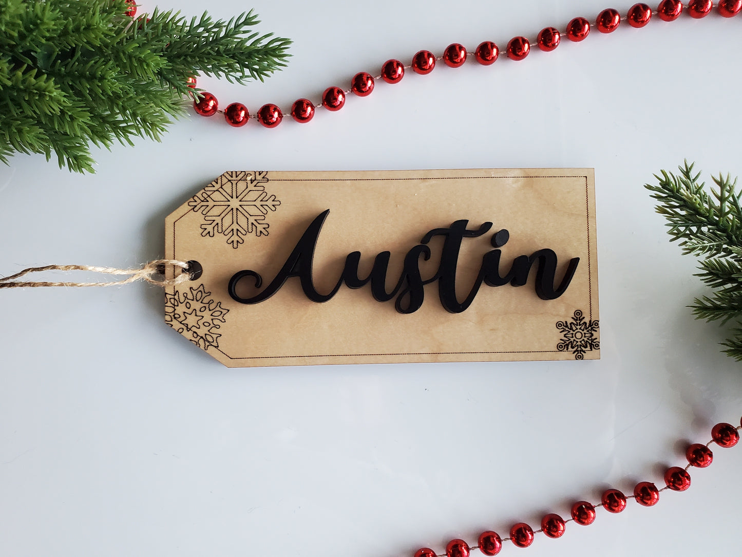 Stocking tag with engraved Snowflakes