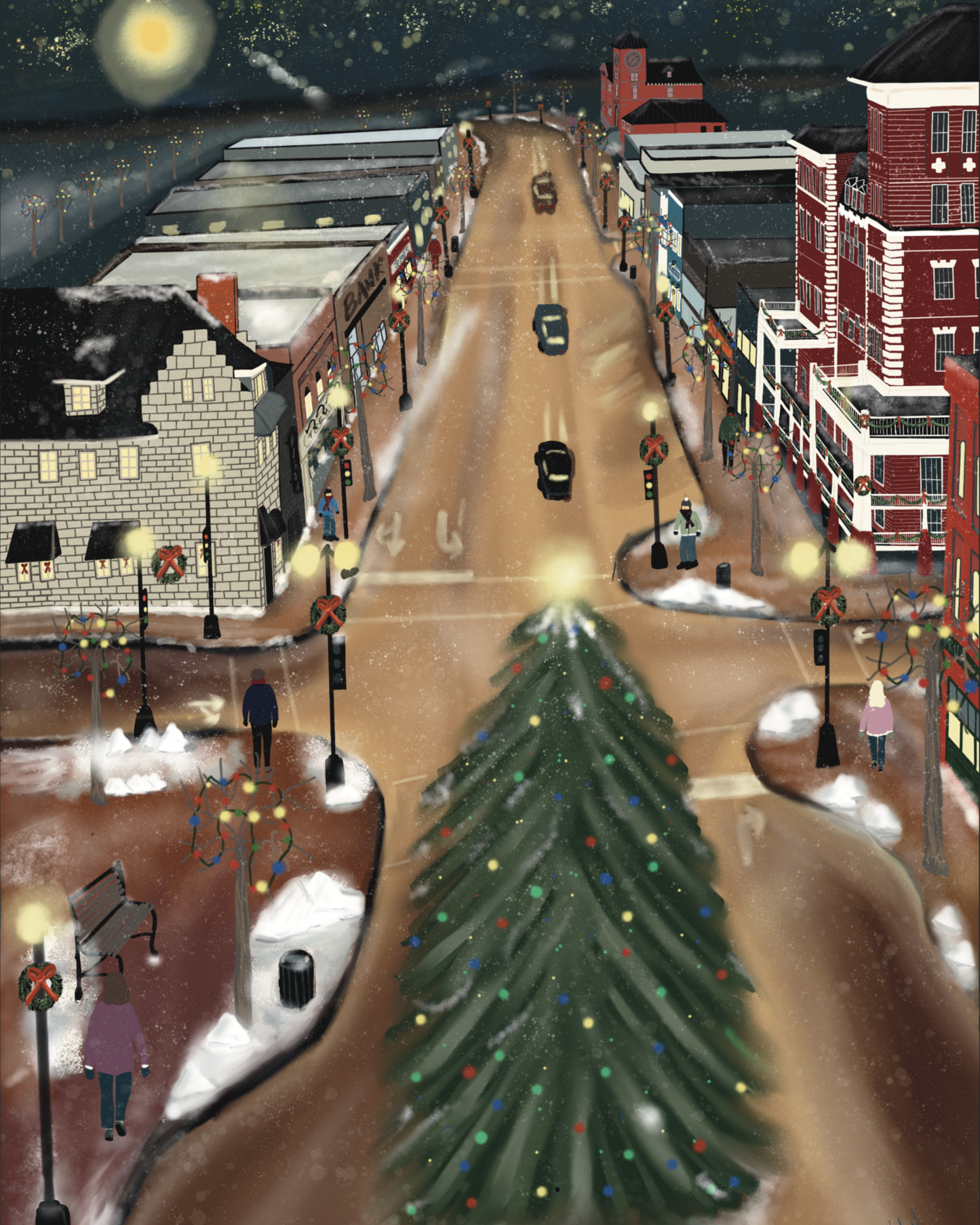 Kenora Christmas Tree Art Print – Downtown Holiday Scene 8"x10"