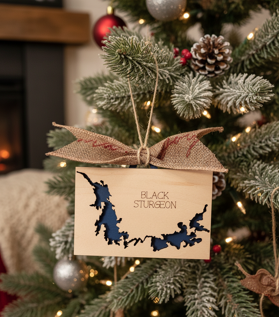 Black Sturgeon Horz. Tree Ornament in festive setting