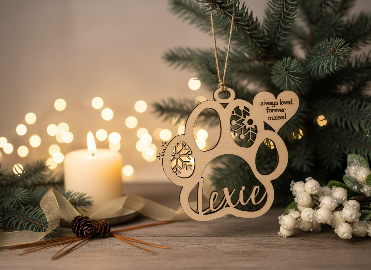 Dog Paw Ornament - In Memory in peaceful, reverent setting