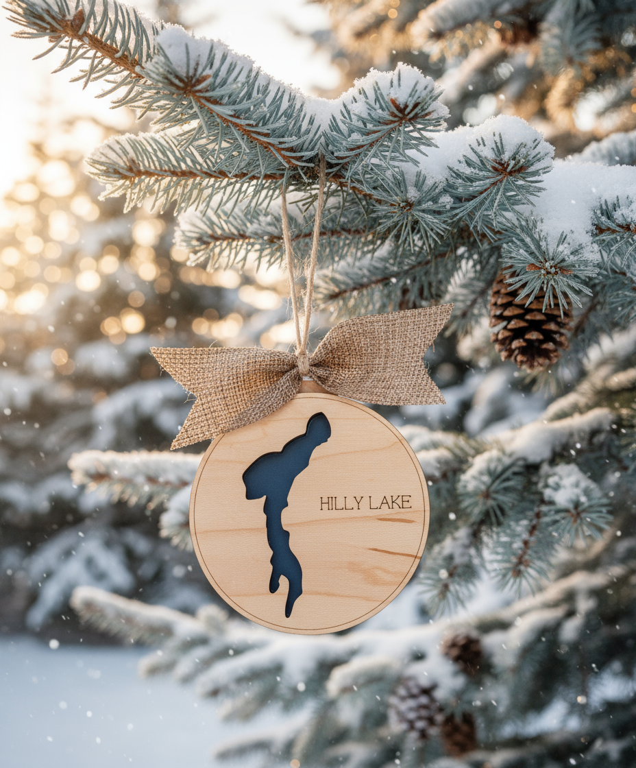 Hilly Lake map Tree Ornament in nature Christmas scene