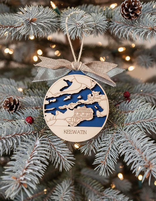 Keewatin Map Tree Ornament in elegant holiday setting