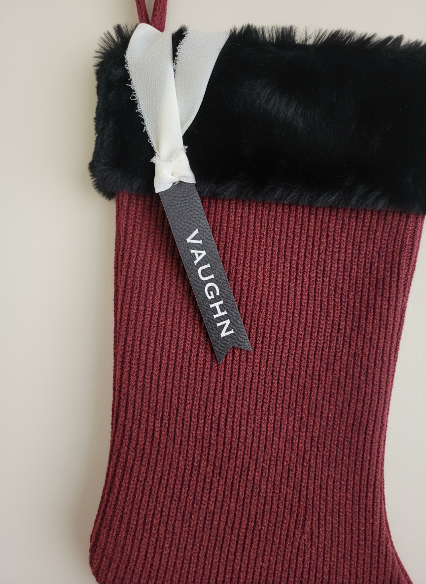Leatherette tag on dark red knit Christmas stocking