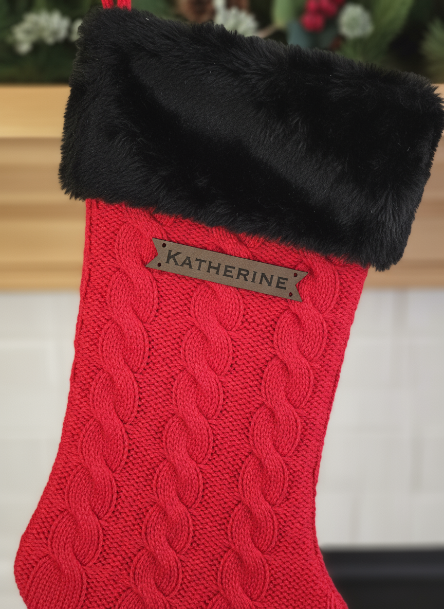 Leatherette tag on red knit Christmas stocking
