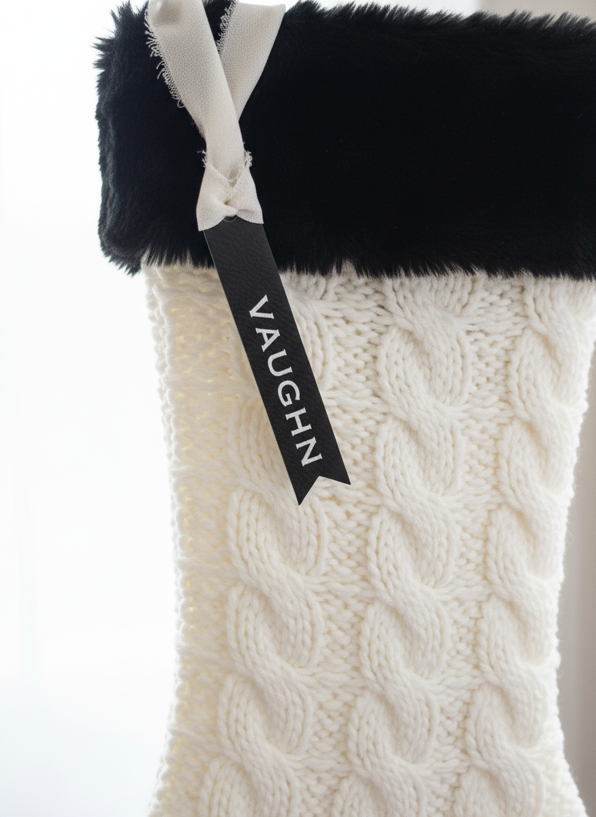 Leatherette tag on white knit Christmas stocking