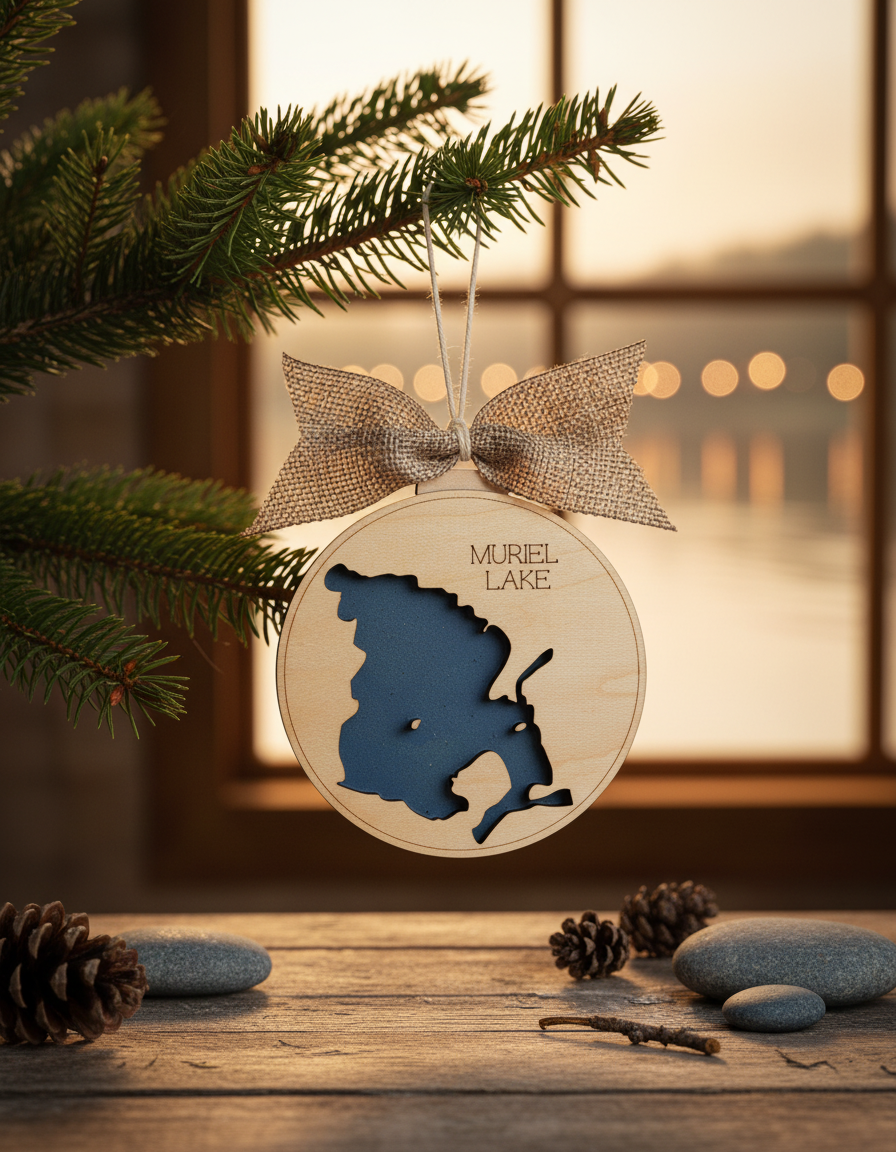 Muriel Lake map Tree Ornament in natural lakeside setting