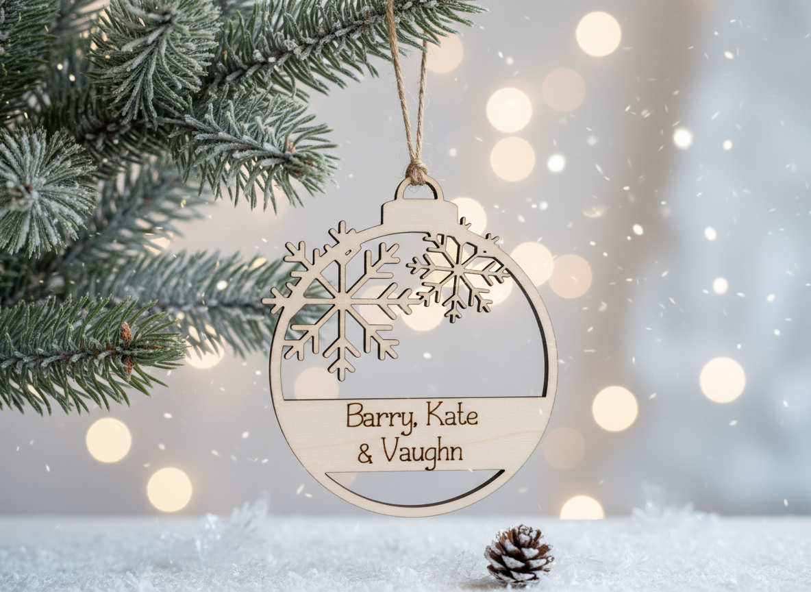 Snowflake Personalized Ornament in elegant winter setting